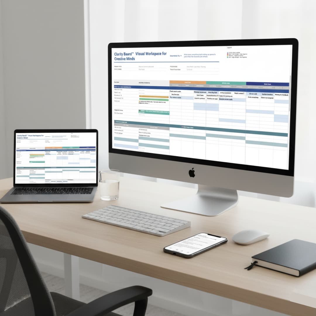 A flat lay or slightly angled top-down shot of a minimalist, clean desk belonging to a freelance professional. The scene is dominated by multiple, perfectly synced devices all displaying the same Clarity Board" Google Sheet