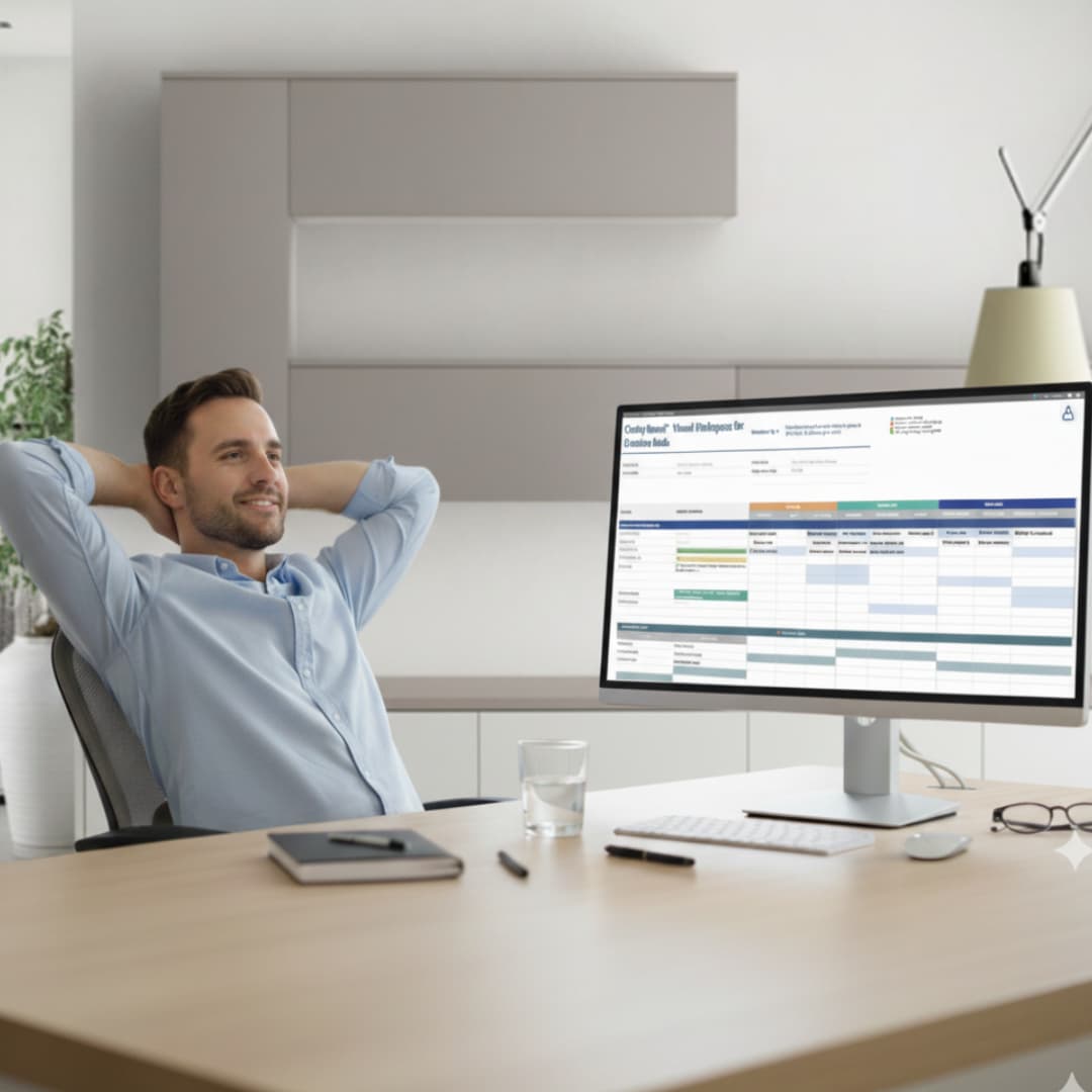 A relaxed professional in a modern office, leaning back at his desk with Clarity Board™ open on screen visualizing peace of mind and task clarity.